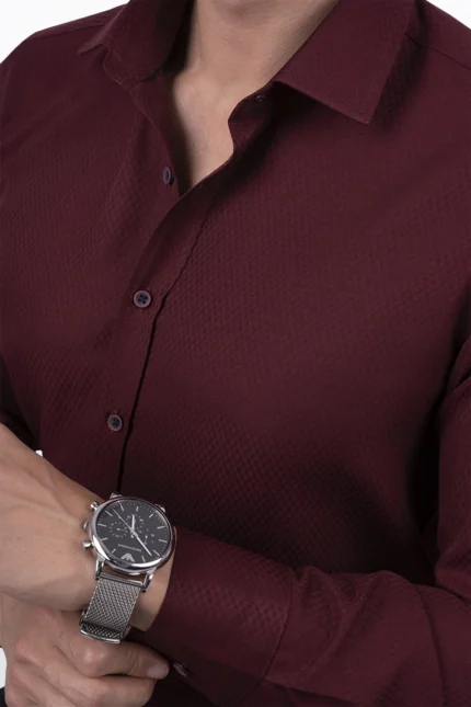 Koyu Bordo Baklava Desenli Slimfit Gömlek