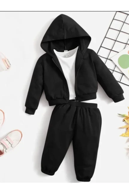 KİDS Çocuk Siyah Kapoşonlu Fermuarlı Sweatshirt